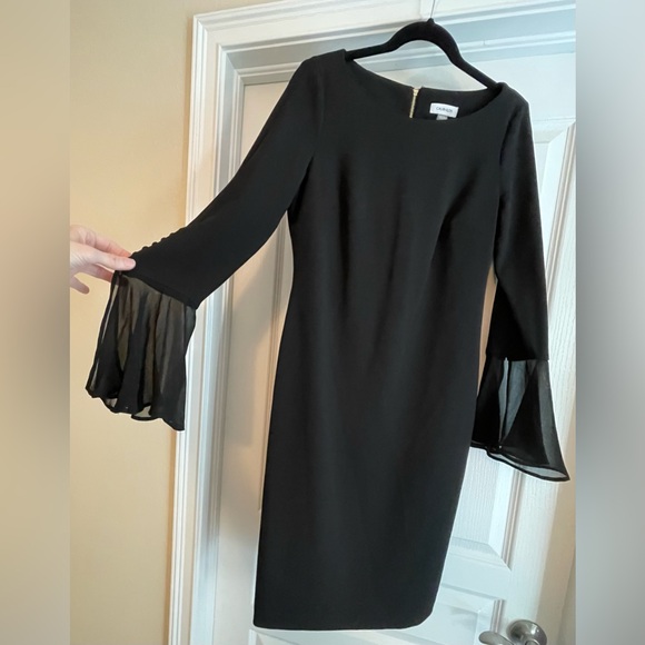Calvin Klein Chiffon Black Long Sheer Bell Sleeve Round Neck Sheath Dress - Picture 6 of 7